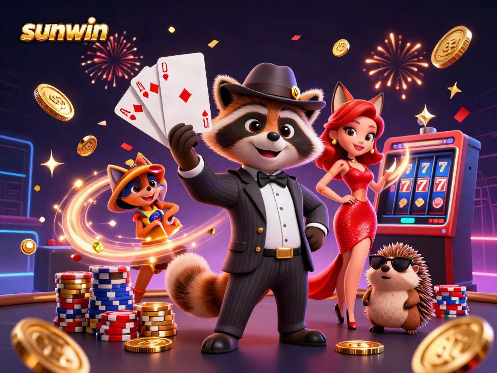 Experience thrilling gaming at Sunwin with vibrant characters, glimmering coins, and an energetic casino atmosphere.