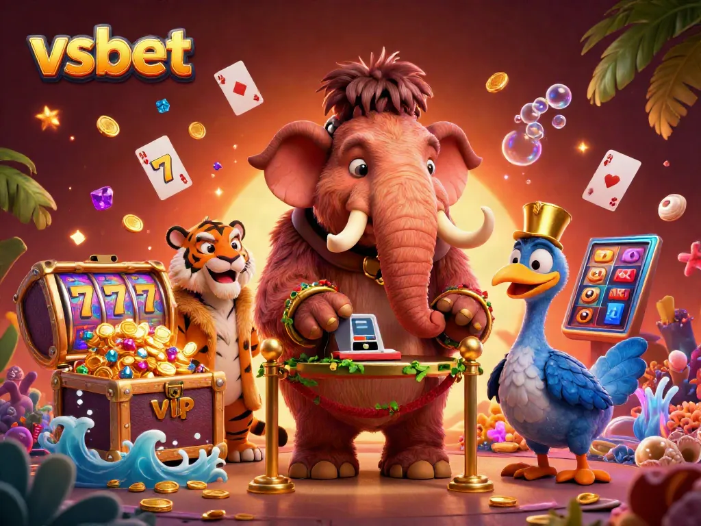Engaging scene showcasing the vsbet brand with a woolly mammoth bouncer, a saber-tooth tiger guest, and casino elements, depicting a vibrant gaming atmosphere.