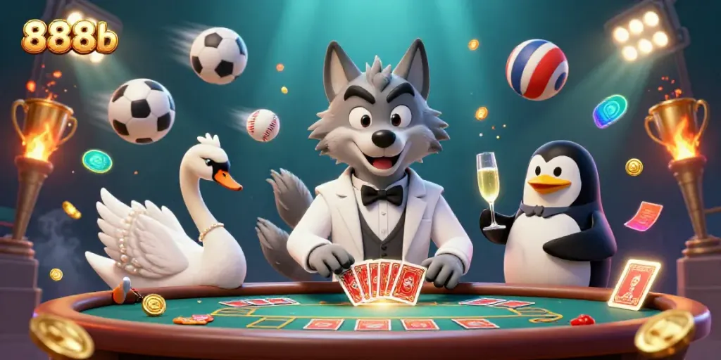 Experience the vibrant world of 888b with a debonair wolf, elegant swan, and sophisticated penguin at a baccarat table.