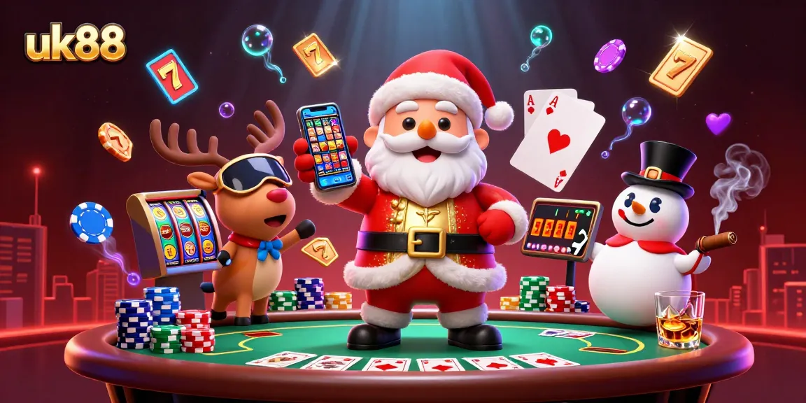Experience the excitement of uk88 with Santa celebrating jackpot wins in a dynamic casino scene.