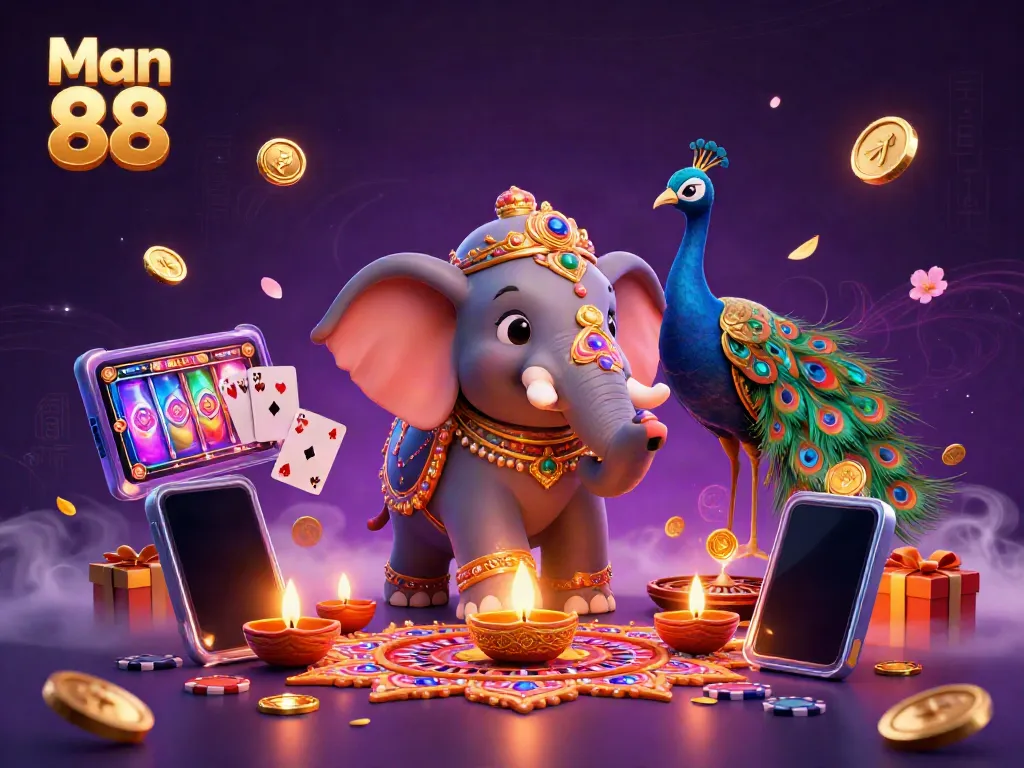 Engage with Man 88 through an immersive 3D casino-themed illustration featuring festive elements and gaming excitement.