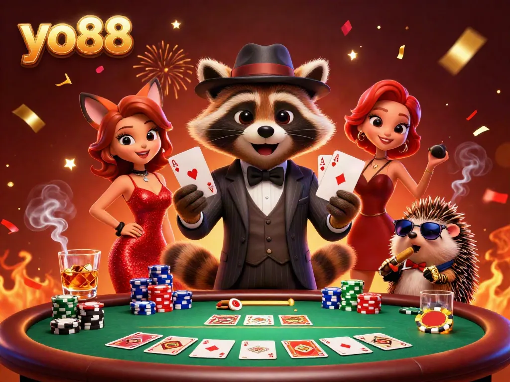 Experience excitement at yo88 with charming characters, poker tables, and vibrant casino elements.