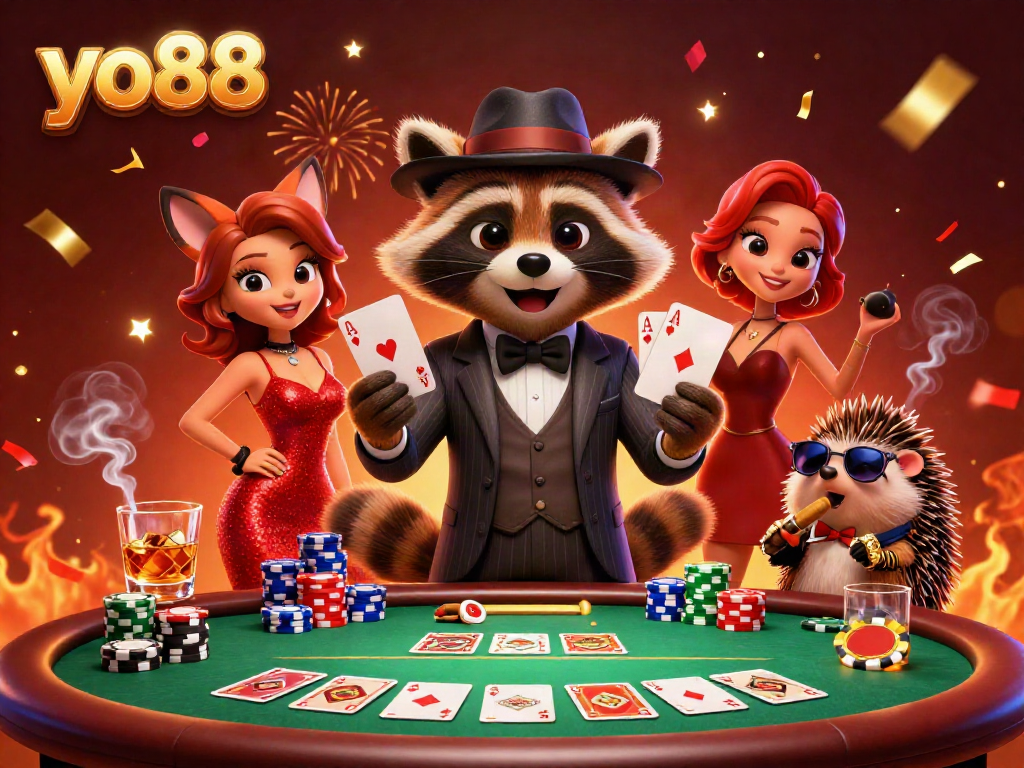 Experience excitement at yo88 with charming characters, poker tables, and vibrant casino elements.