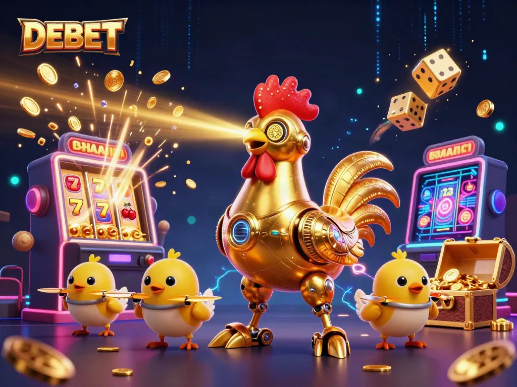DEBET's thrilling gaming experience explodes with joy as a futuristic rooster robot and drones entertain players!