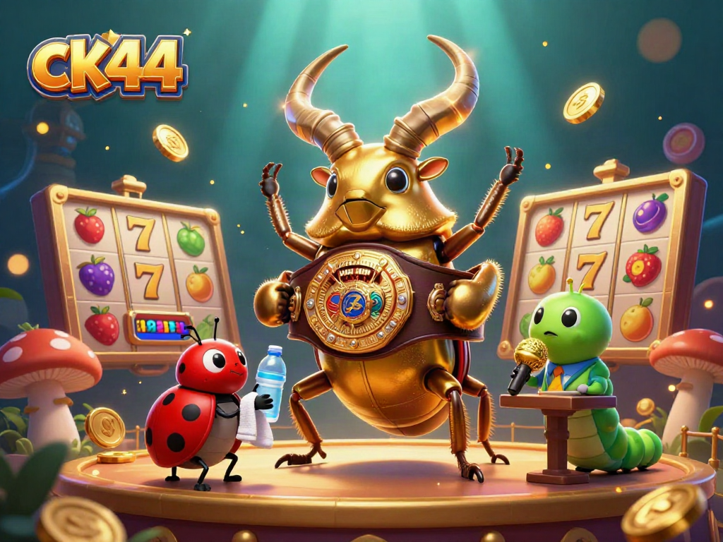 Engage in thrilling gaming at ck44, featuring vibrant slot reels and lively characters.