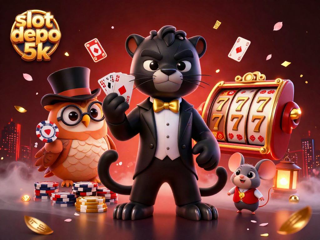 Experience the excitement of slot depo 5k with animated jackpot counters and fun characters in a vibrant casino scene.