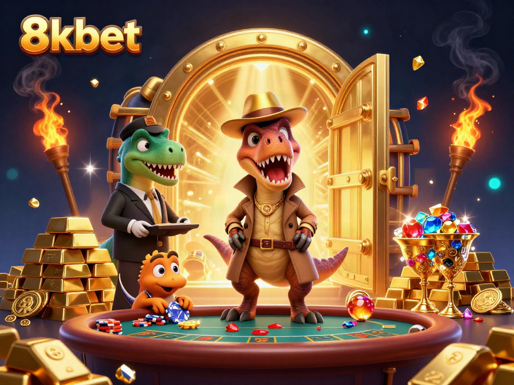 Experience thrilling action at 8xbet with a velociraptor card counter and dazzling casino elements.