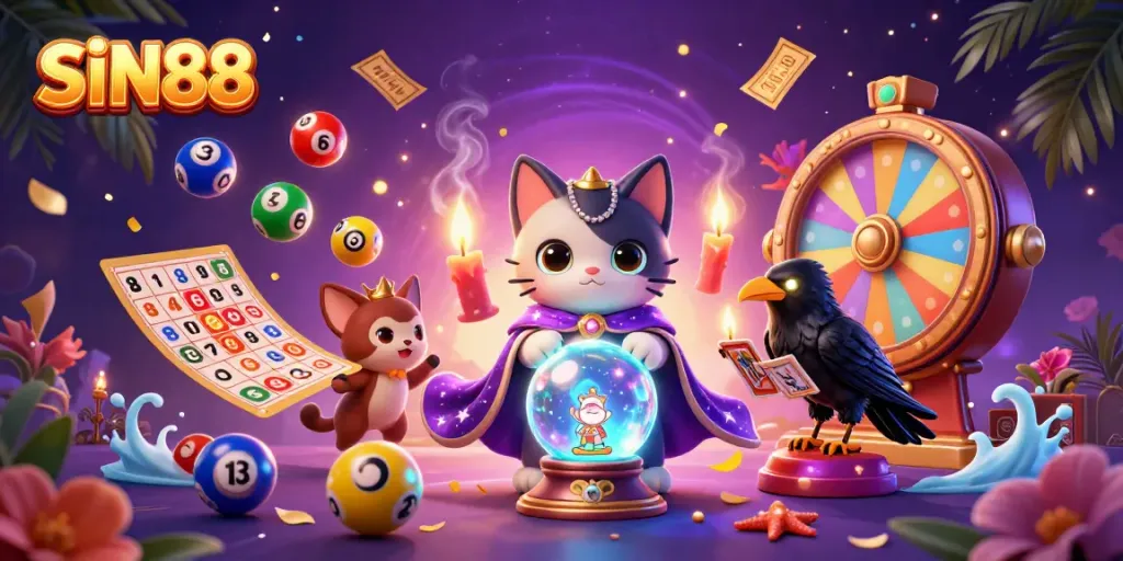 Engage with SIN88's colorful lottery experience featuring mystic cat and glowing raven elements.