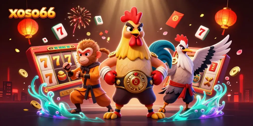 Experience the thrill of xoso66 with vibrant characters and dynamic slot game elements in a rich 3D illustration.