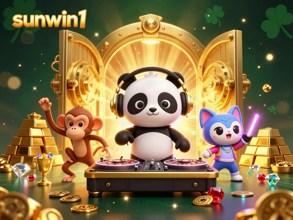 Experience thrilling gaming at sunwin1 with an energetic DJ panda amidst gold treasures in a lively casino scene.