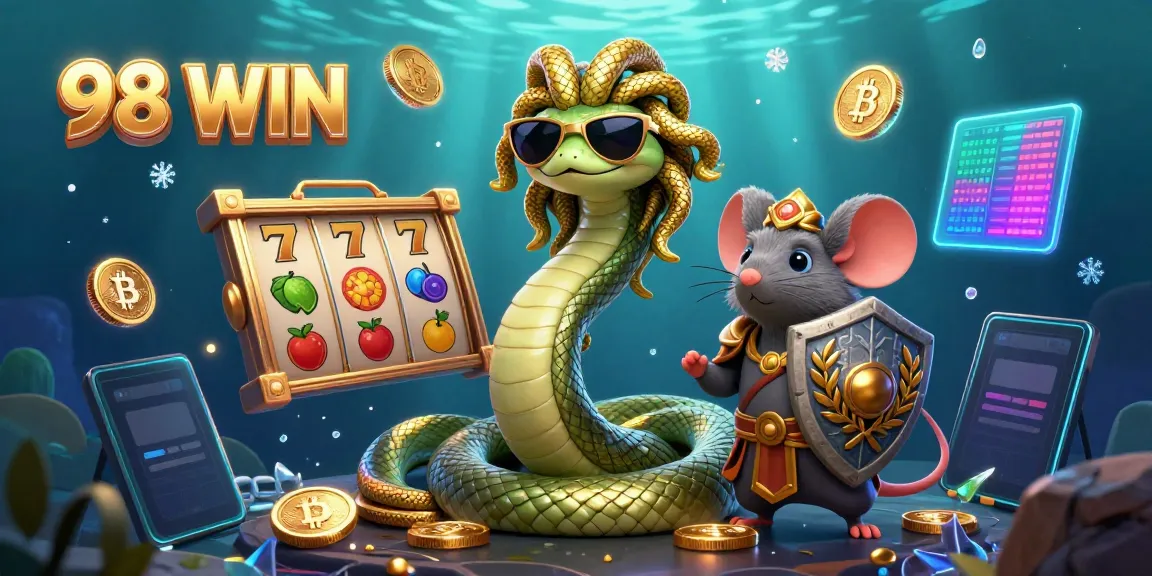 Join the excitement at 98 WIN with captivating casino elements and animated characters.