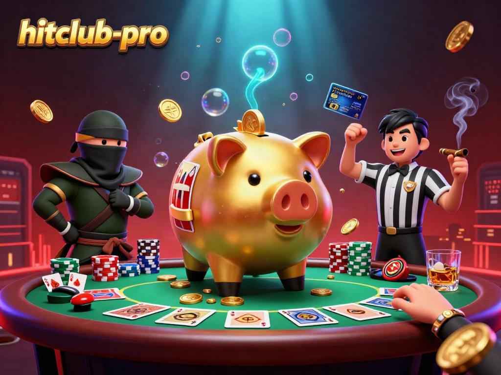 Experience gaming action with hitclub-pro in a lively casino scene featuring a golden piggy bank sumo wrestler.