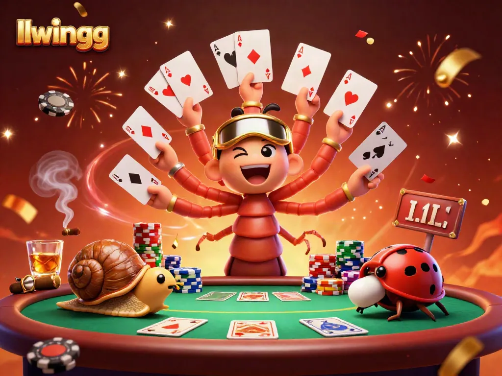 Experience the thrilling action of llwingg with a 3D cartoon dealer and players at a vibrant poker table.