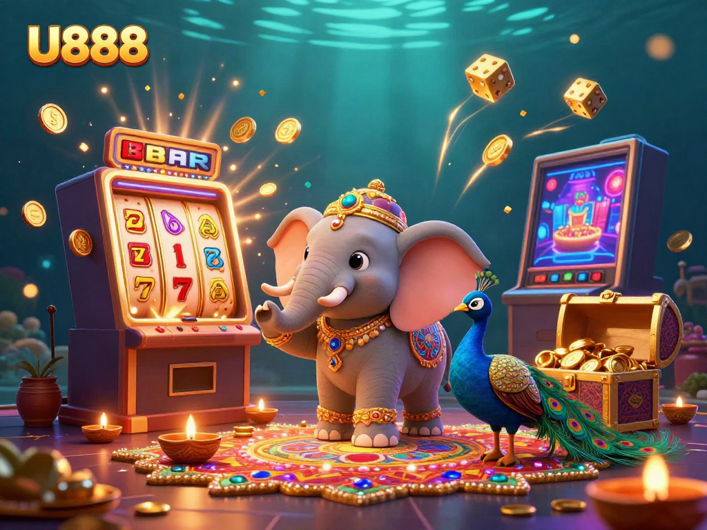 Experience U888’s vibrant gaming world with a lively elephant, peacock, and jackpot slot explosion.