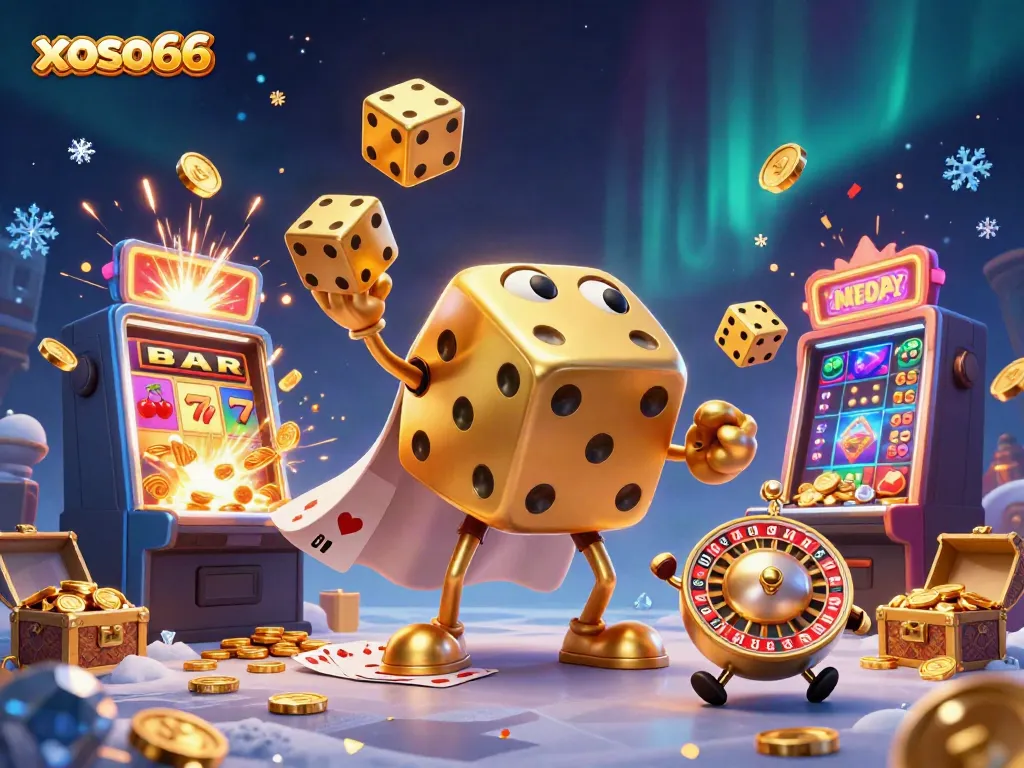 Watch xoso66 online casino characters gambling with vibrant slot machines and spinning dice in colorful, engaging scene.