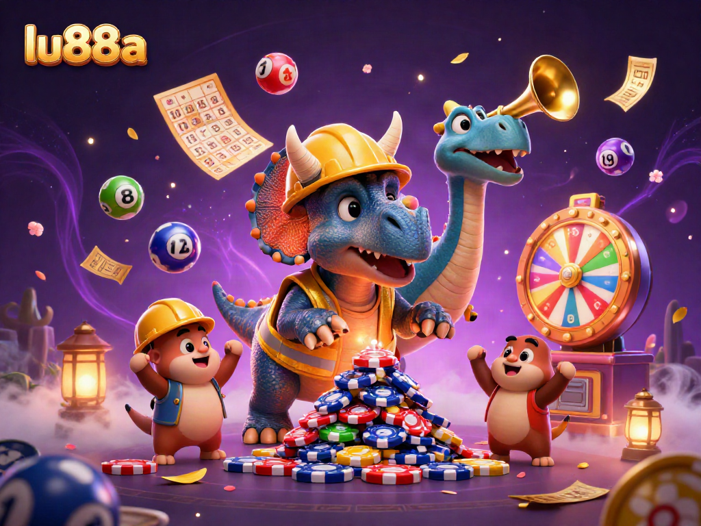 Join the fun at lu88a as triceratops builds poker chips in a vibrant casino setting.