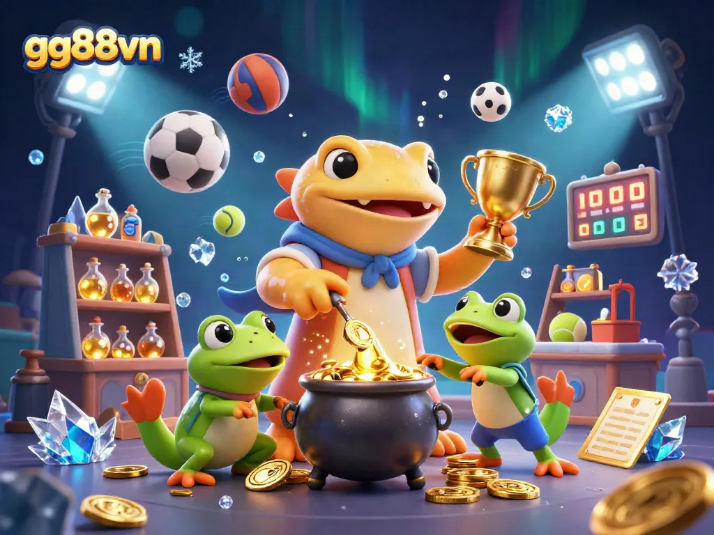 Betting on gg88vn with sports-themed elements, showcasing creatures in a magical environment.