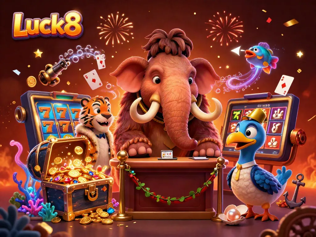 Experience the excitement at Luck8 with animated characters and vibrant casino elements.