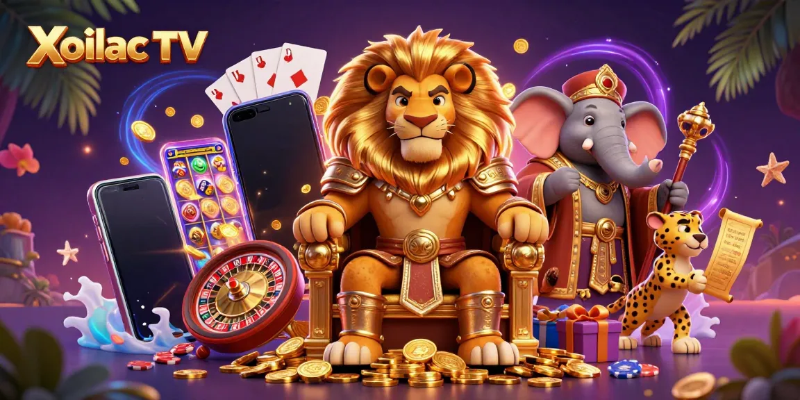 Xoilac TV showcases live sports betting excitement with vibrant casino elements and engaging characters.