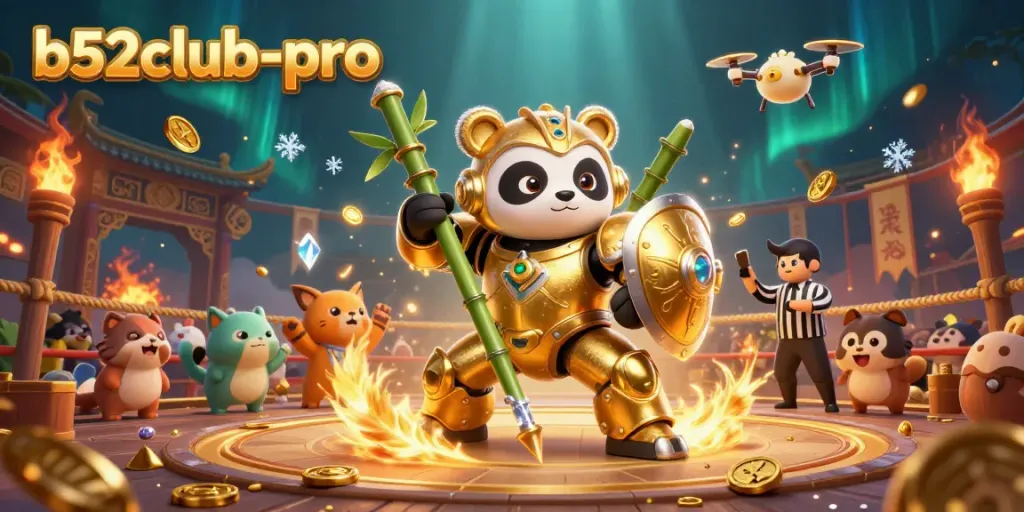 Experience the excitement and thrills of b52club-pro in this dynamic 3D illustration featuring a golden panda piloting a robot.