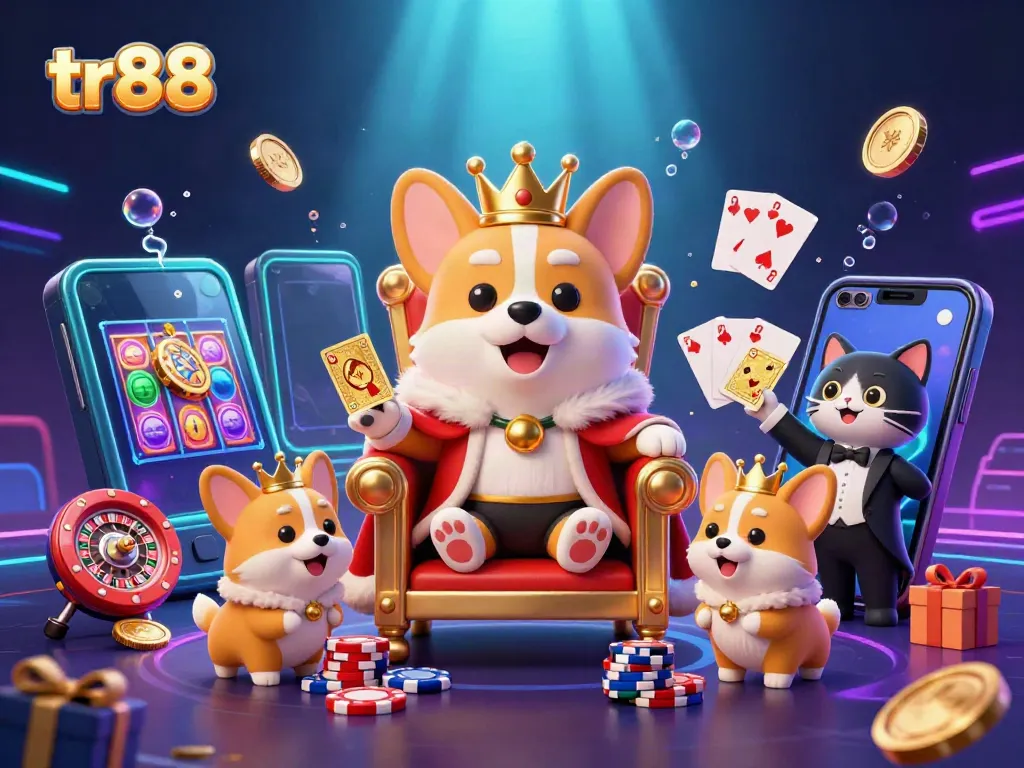 Experience tr88's vibrant and luxurious gaming world with a royal corgi and its companions amid exciting casino elements.