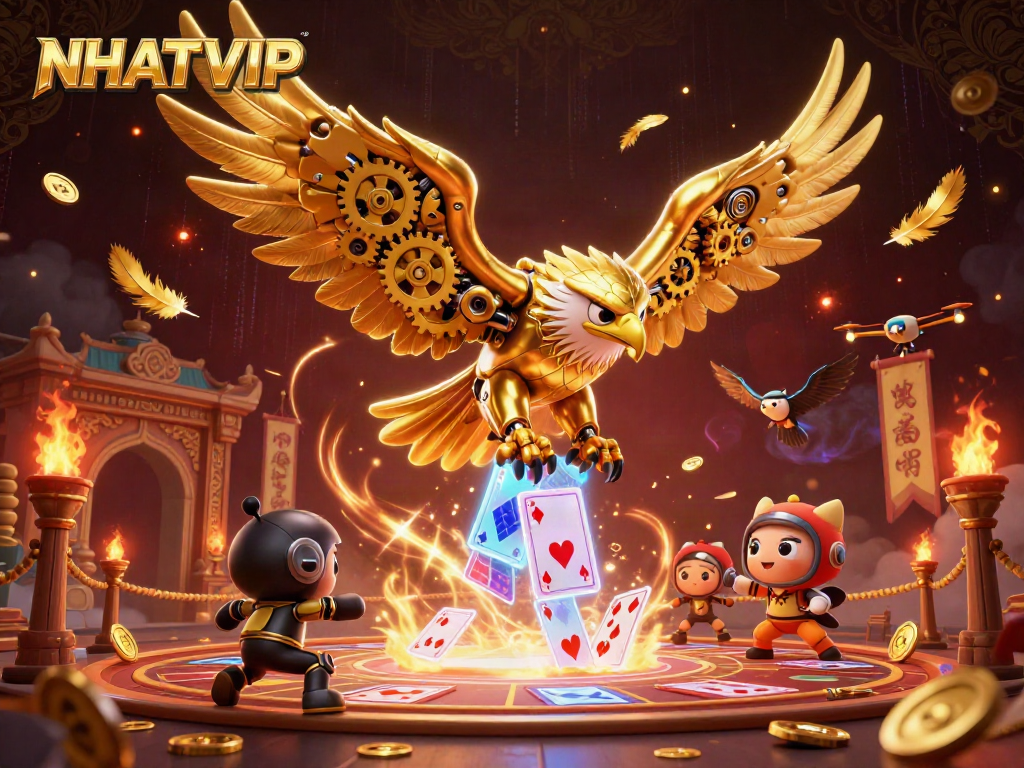 Experience NHATVIP's thrilling dive into a world of holographic cards and gold coins in this vibrant 3D illustration.