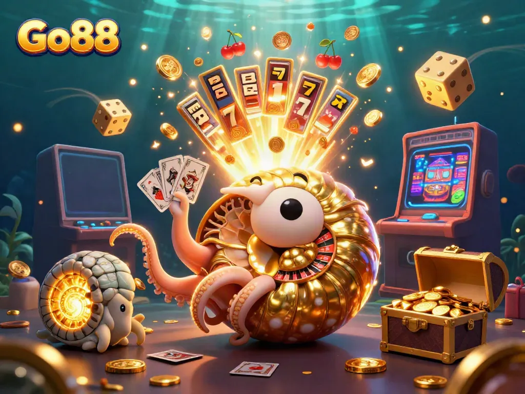 Experience the excitement of Go88 with a vibrant 3D casino scene featuring a roulette wheel and slot machine.