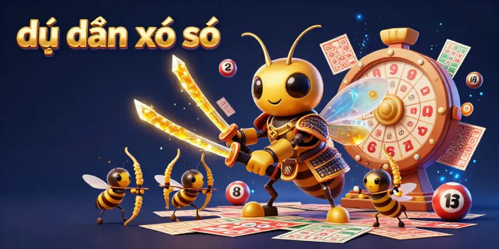 Engage with the vibrant scene of dự đoán xổ số featuring a samurai hornet and bee archers among lottery balls.
