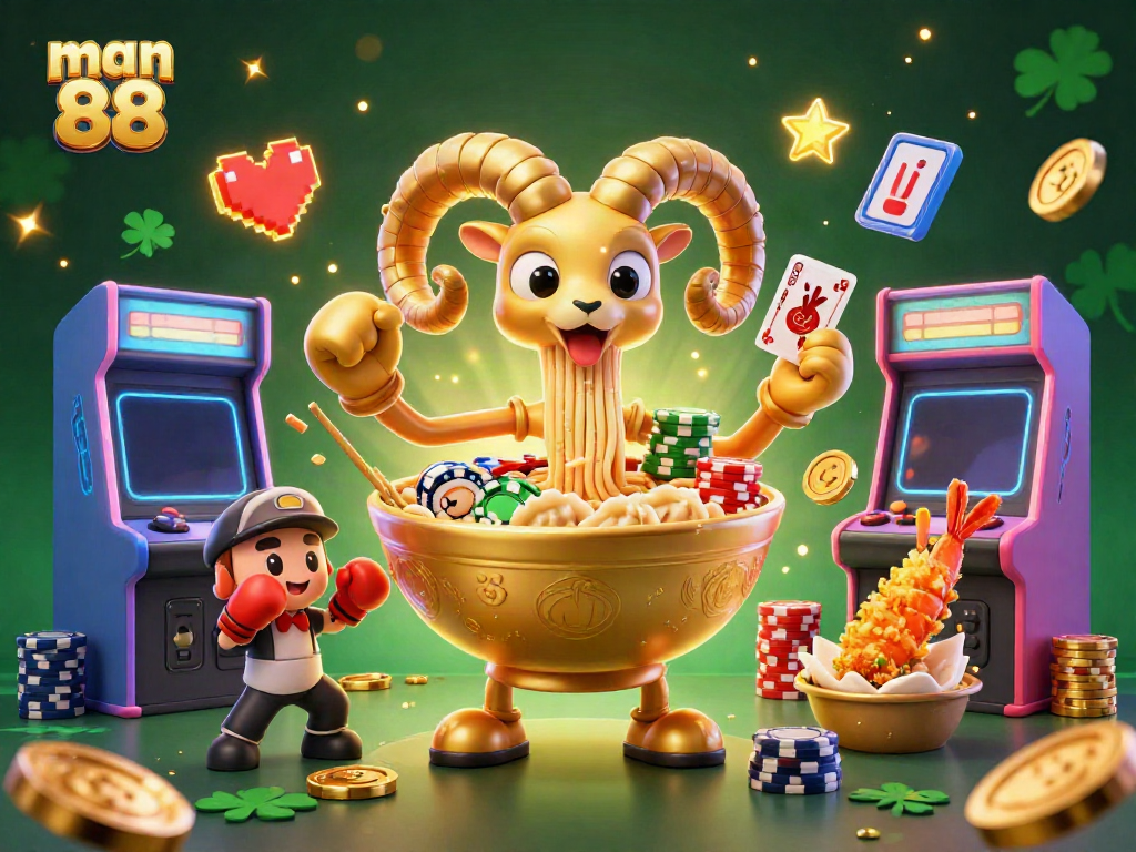 Experience the thrill at man 88 casino with a vibrant, animated scene featuring a golden ramen bowl dealer.