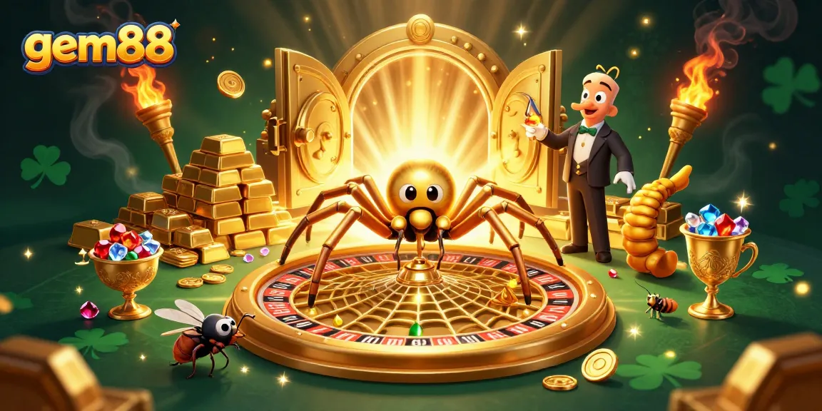 Experience dynamic gambling action at gem88 with an illustrated roulette scene featuring a spider as croupier.