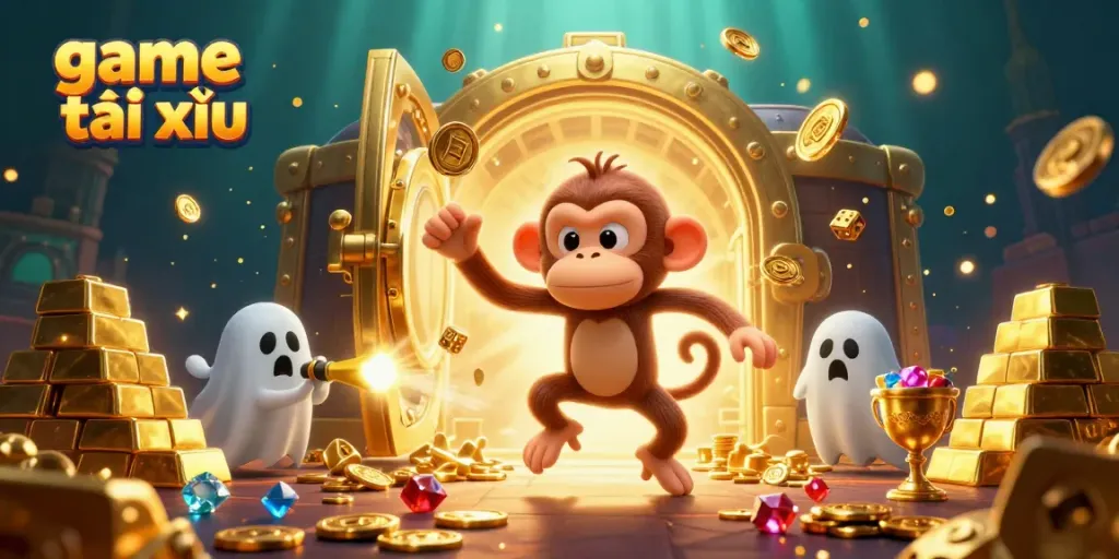 Experience the thrill of game tài xỉu in a vibrant, haunted casino scene with gold treasures.