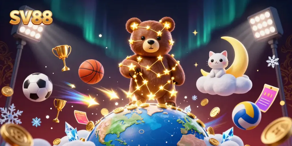 Engage with SV88’s casino world, featuring dynamic stars and coins in an immersive illustration.