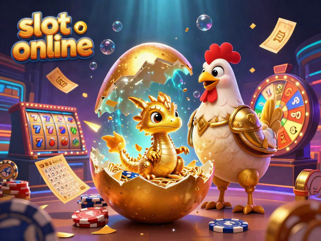 Experience the excitement of slot online with a 3D dragon and casino elements in vibrant colors.