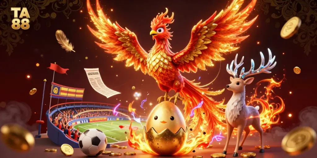 Experience thrilling sports betting at TA 88 with our dynamic phoenix and stag illustration.