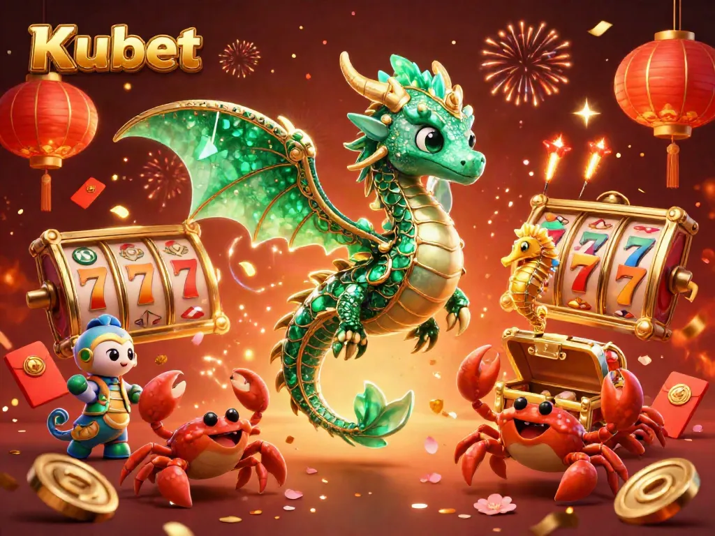Kubet unlocks excitement with illustrated slot reels, majestic sea dragon guarding treasures, and festive elements.