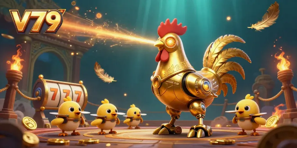 Engage with v79's thrilling slots as the golden rooster robot and chick drones showcase exciting game elements.