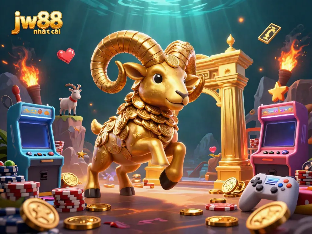 Experience thrilling gameplay at jw88 nhà cái with a vibrant scene featuring a golden ram, arcade machines, and dynamic gambling elements.