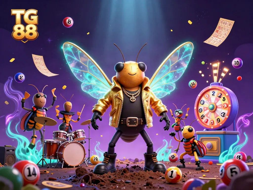 Engage with TG 88's dynamic gaming scene featuring a vibrant cartoon rock star and lively lottery elements.