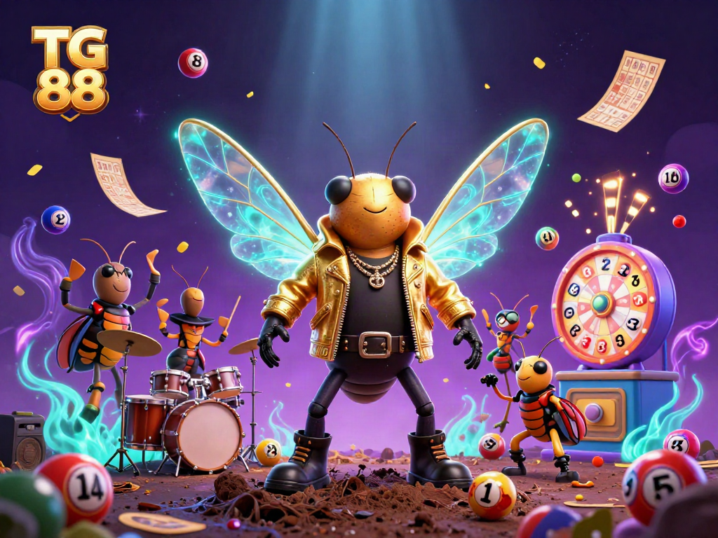 Engage with TG 88's dynamic gaming scene featuring a vibrant cartoon rock star and lively lottery elements.