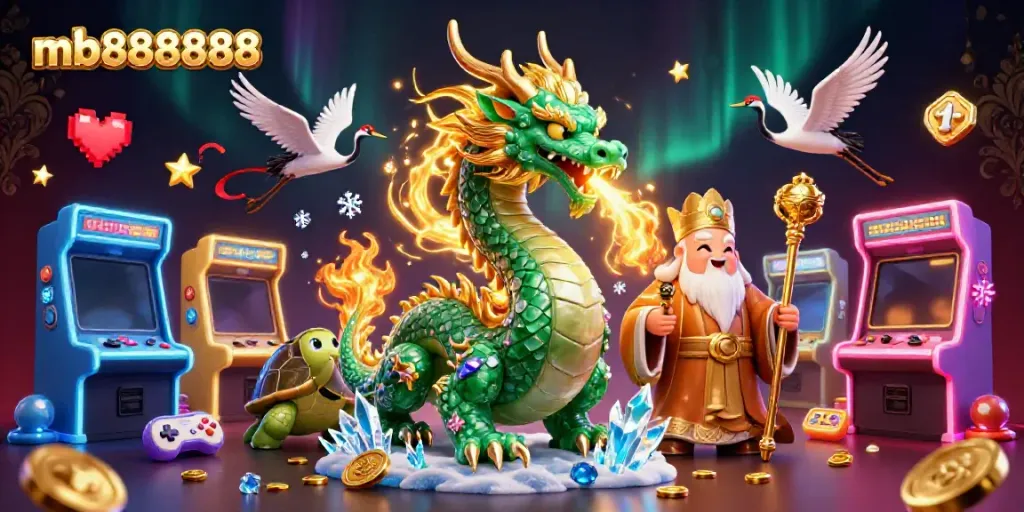 Engage with thrilling gameplay at mb888888 featuring mystical dragon and cartoon characters in a vibrant casino setting.