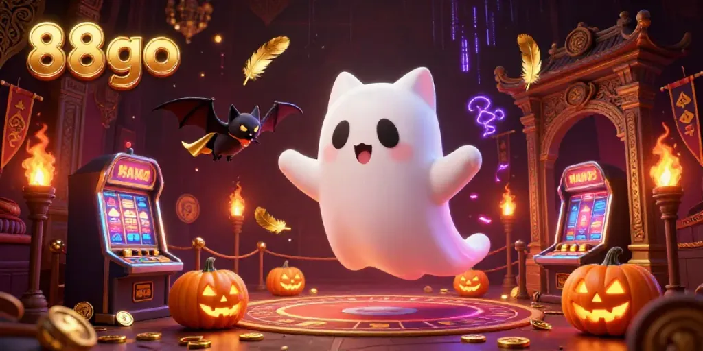Engage with the thrilling atmosphere of 88go, featuring a ghost cat and bat in a haunted casino.