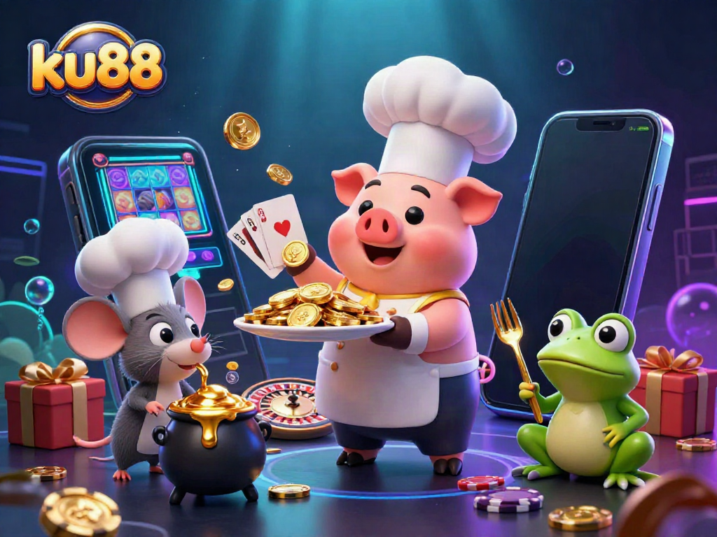 Chef pig at ku88 serves gold coins amid vibrant casino elements like slots and playing cards.