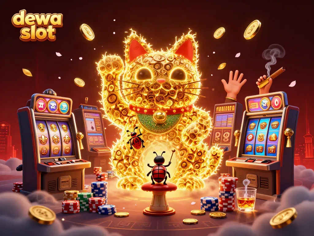 Engage with the vibrant dewa slot scene featuring a giant lucky cat and swirling casino symbols.
