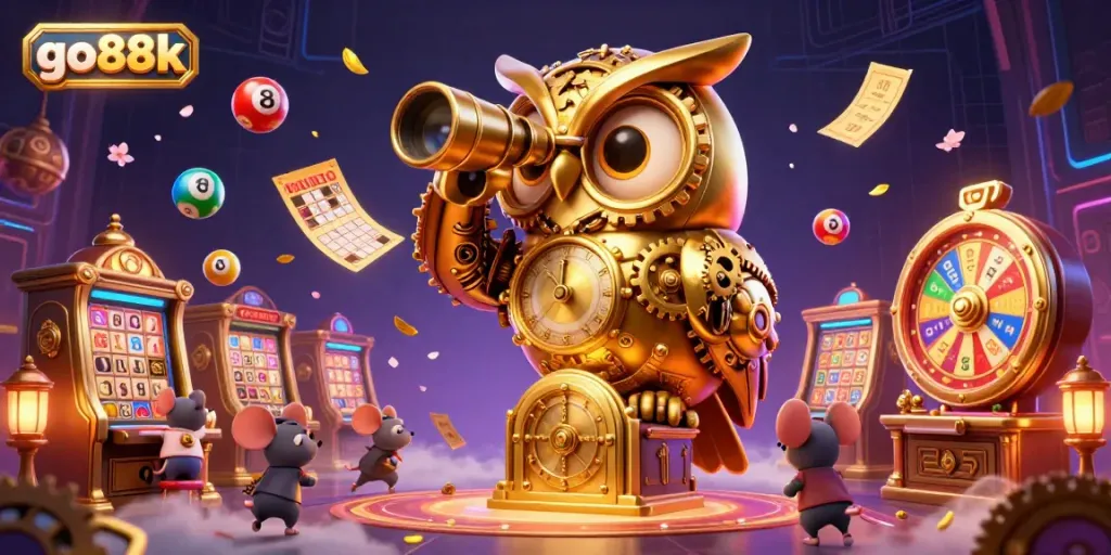 Experience the thrill of go88k with a captivating casino scene featuring an owl and mouse patrons among vibrant game elements.