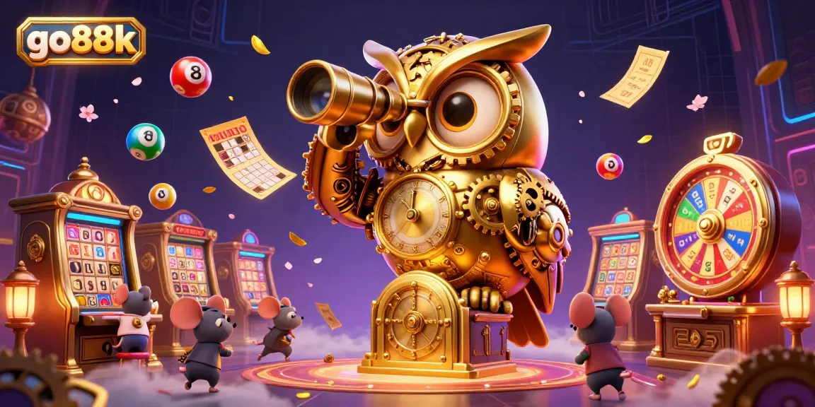 Experience the thrill of go88k with a captivating casino scene featuring an owl and mouse patrons among vibrant game elements.