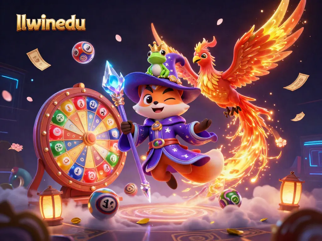 Experience thrilling games at llwinedu with a wizard fox and phoenix amidst vibrant casino elements.
