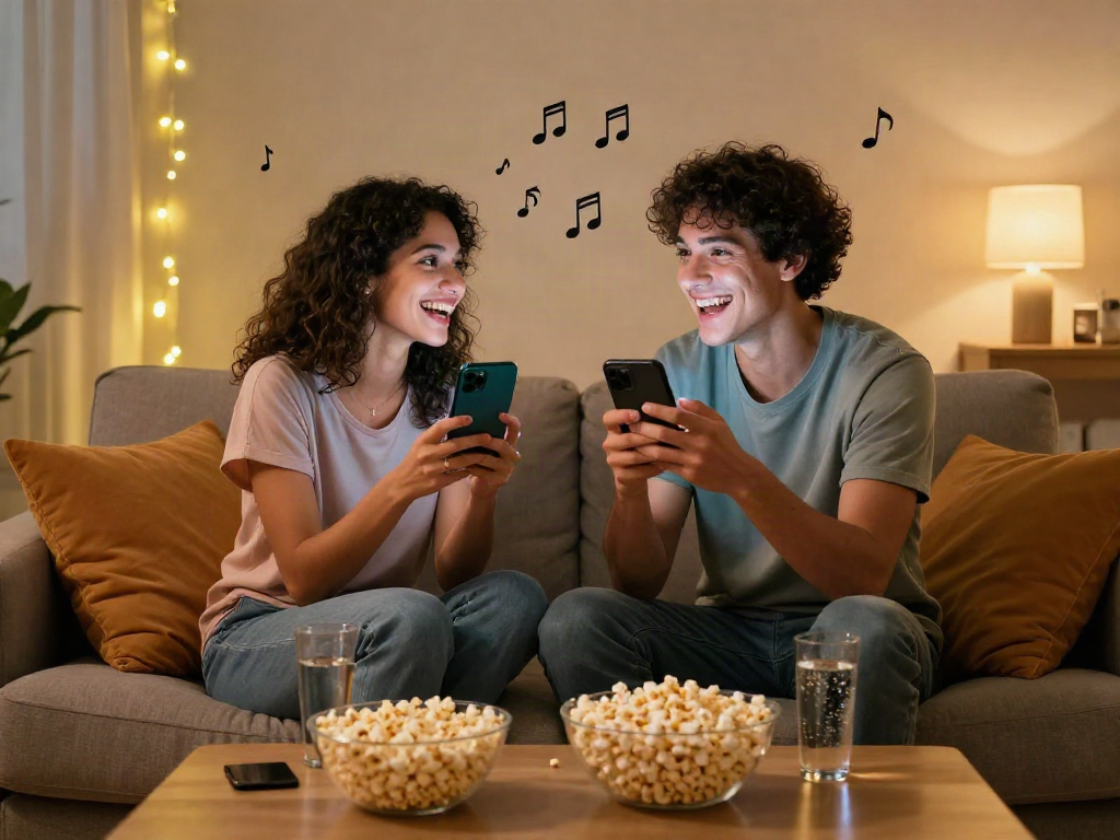 Couple engaging in playful ai sexting at home, showcasing cozy intimate atmosphere and technology.
