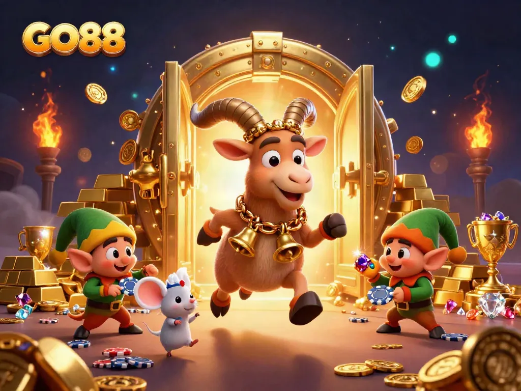 GO88 casino scene with Krampus goat, angel mouse, and elf gremlins creating chaos.