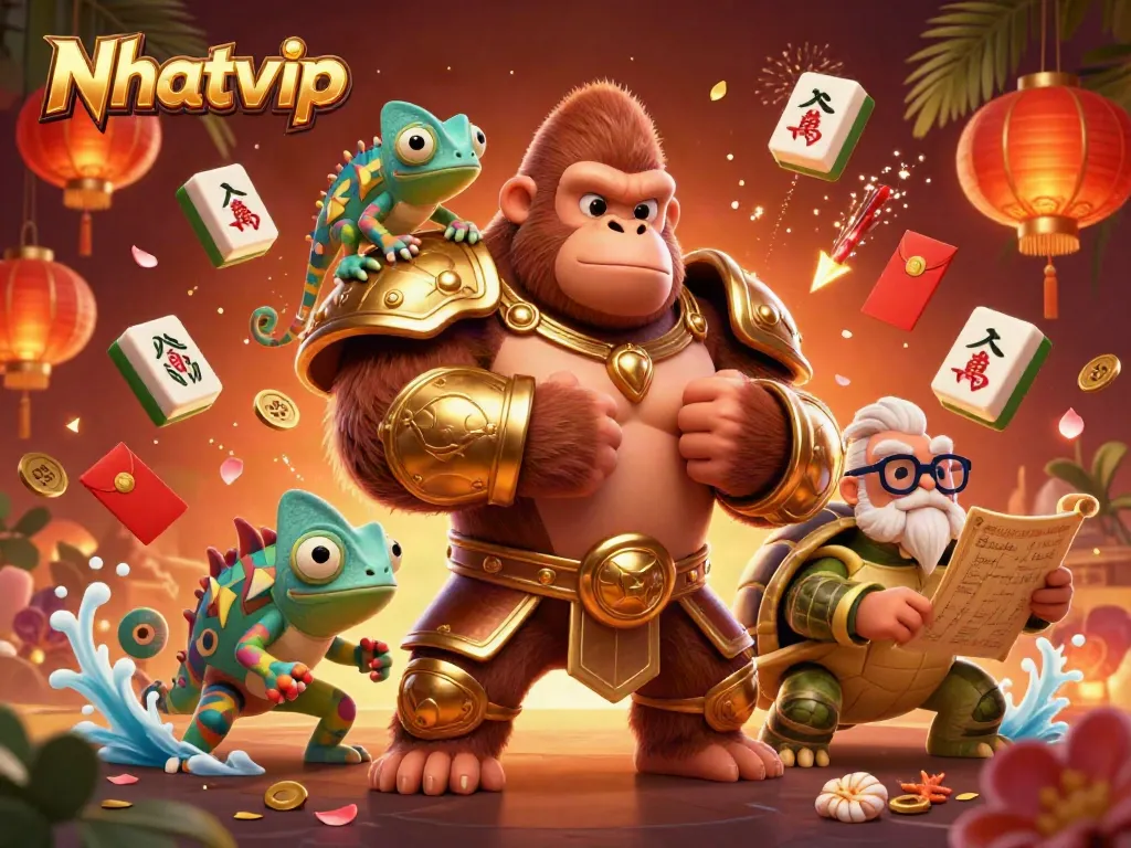 Nhatvip captivates players with a powerful gorilla king and casino-themed elements in vibrant 3D illustration.