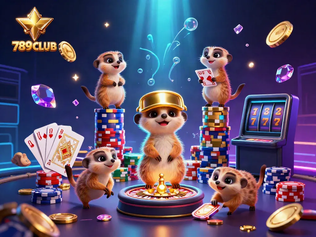 Engage in exciting gaming with 789CLUB's dynamic casino scene featuring lively meerkats and vibrant game elements.